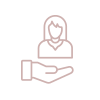 Minimalistisches Symbol einer offenen, nach oben gerichteten Hand mit dem Umriss einer Frau darüber, die Pflege, Unterstützung oder Kundendienst auf einem hellen Hintergrund darstellt.